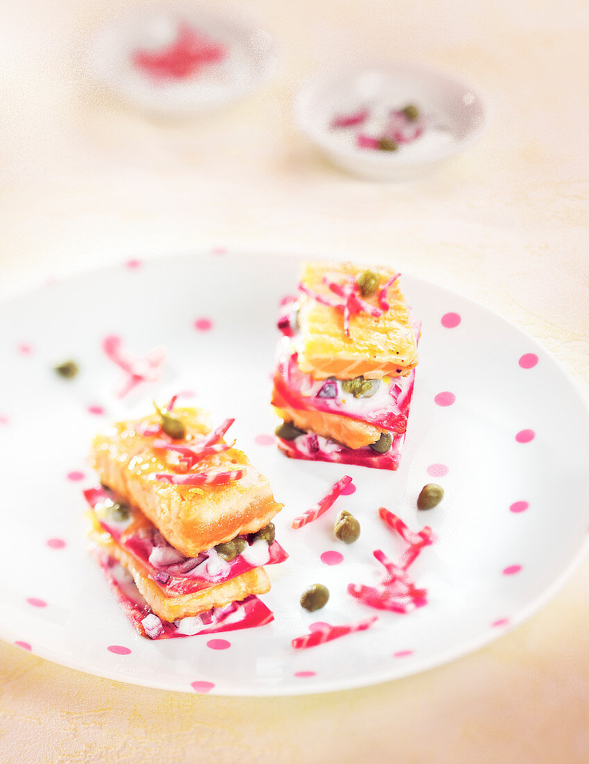 Mille-feuille of salmon and chioggia beet with capers