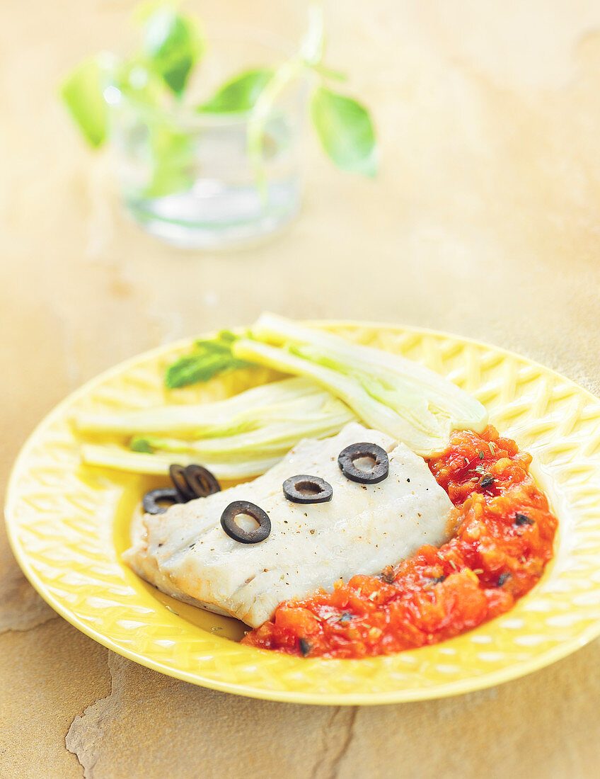 Sea bass niçoise style, steamed fennel