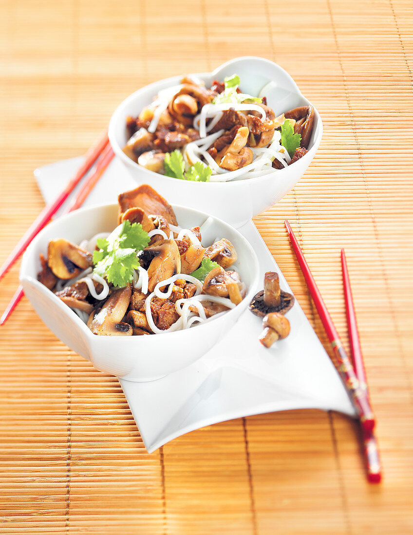 Rice Noodles with Sautéed Beef and Mushrooms