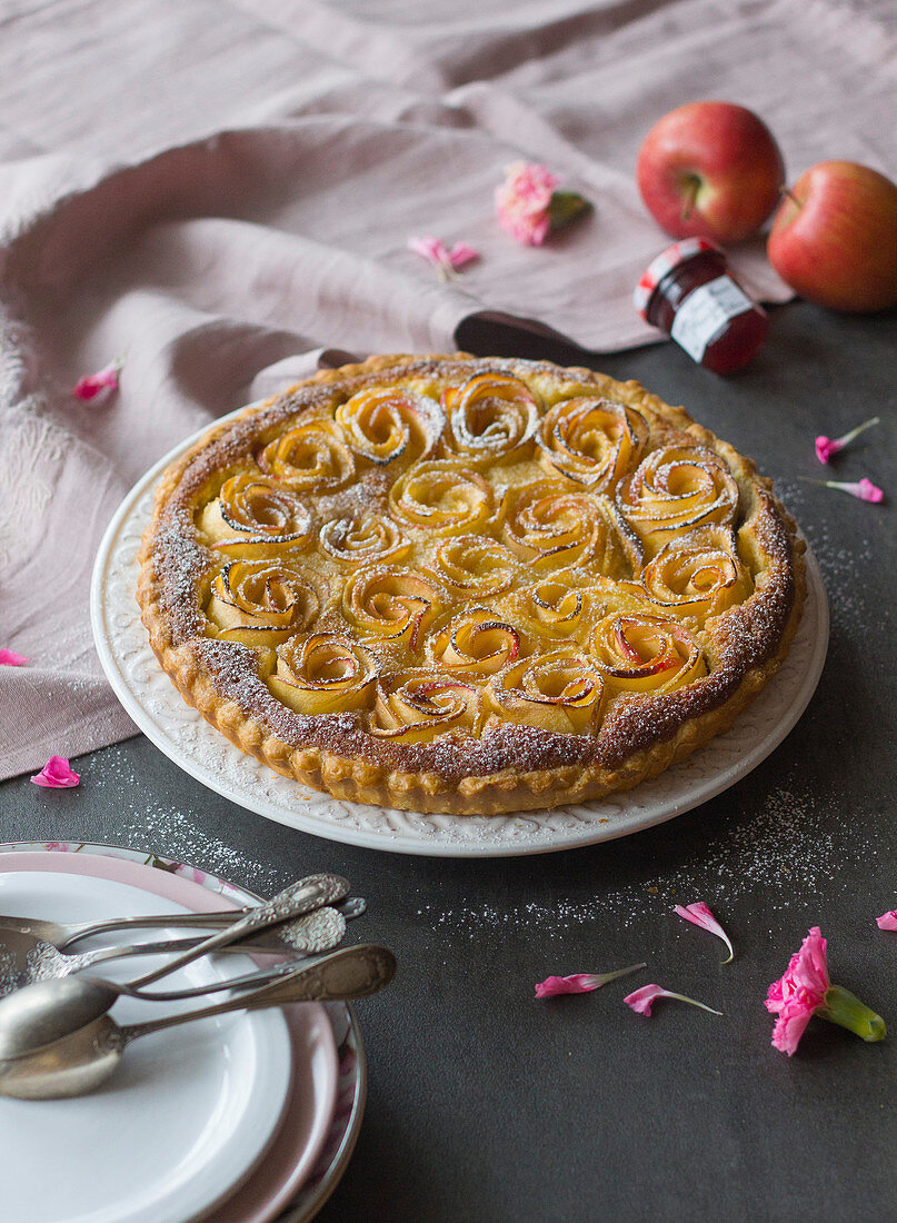 Rose and apple tart with almond cream and strawberry jam