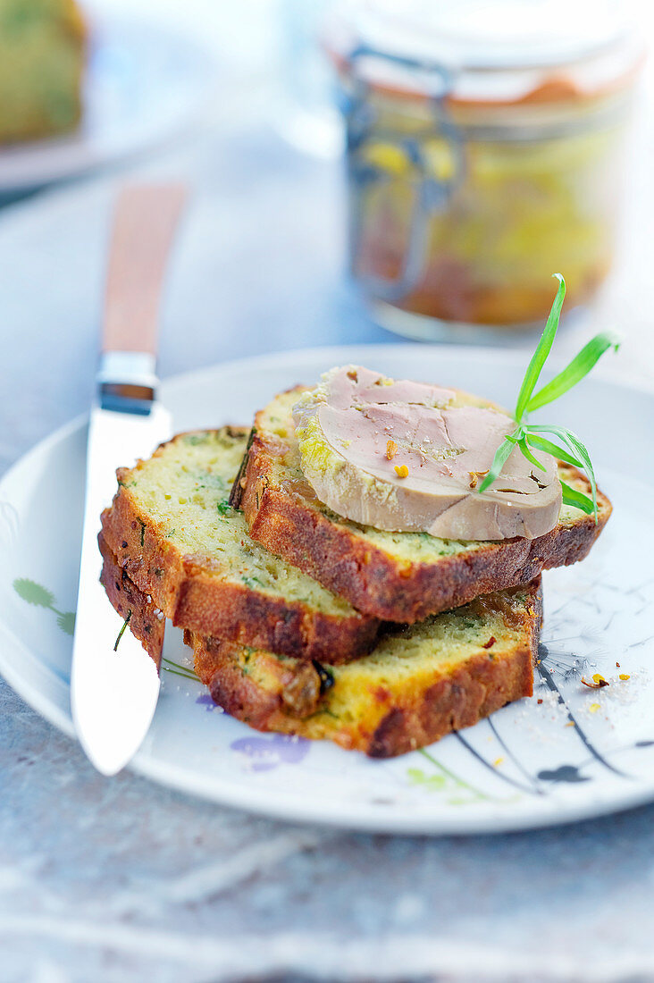 Herb and grape brioche toast with foie gras