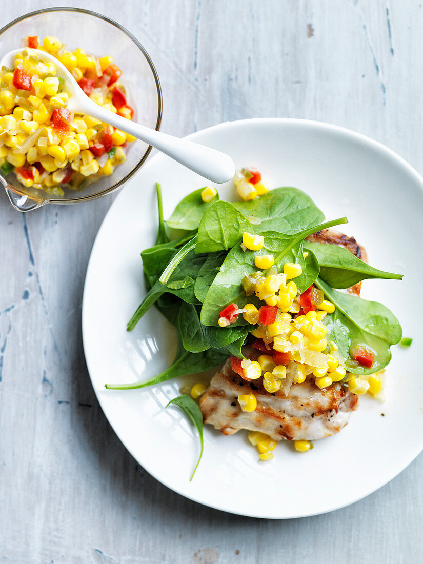 Grilled Turkey Cutlet with Spinach and Two Pepper Corn Chutney