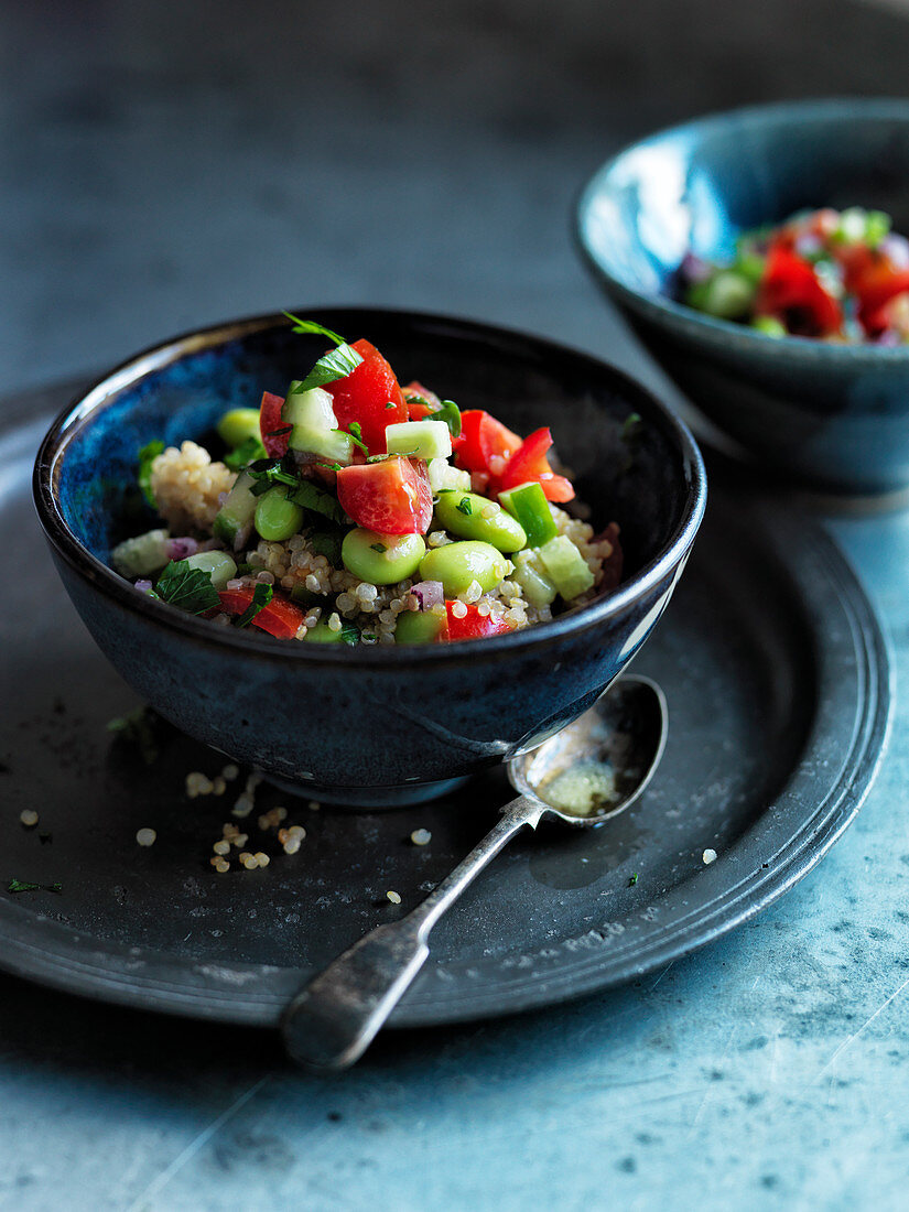 Quinoasalat mit Edamame, Gurke und Tomaten