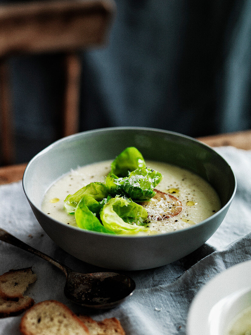 Parsnip and apple soup with crispy Brussels sprouts