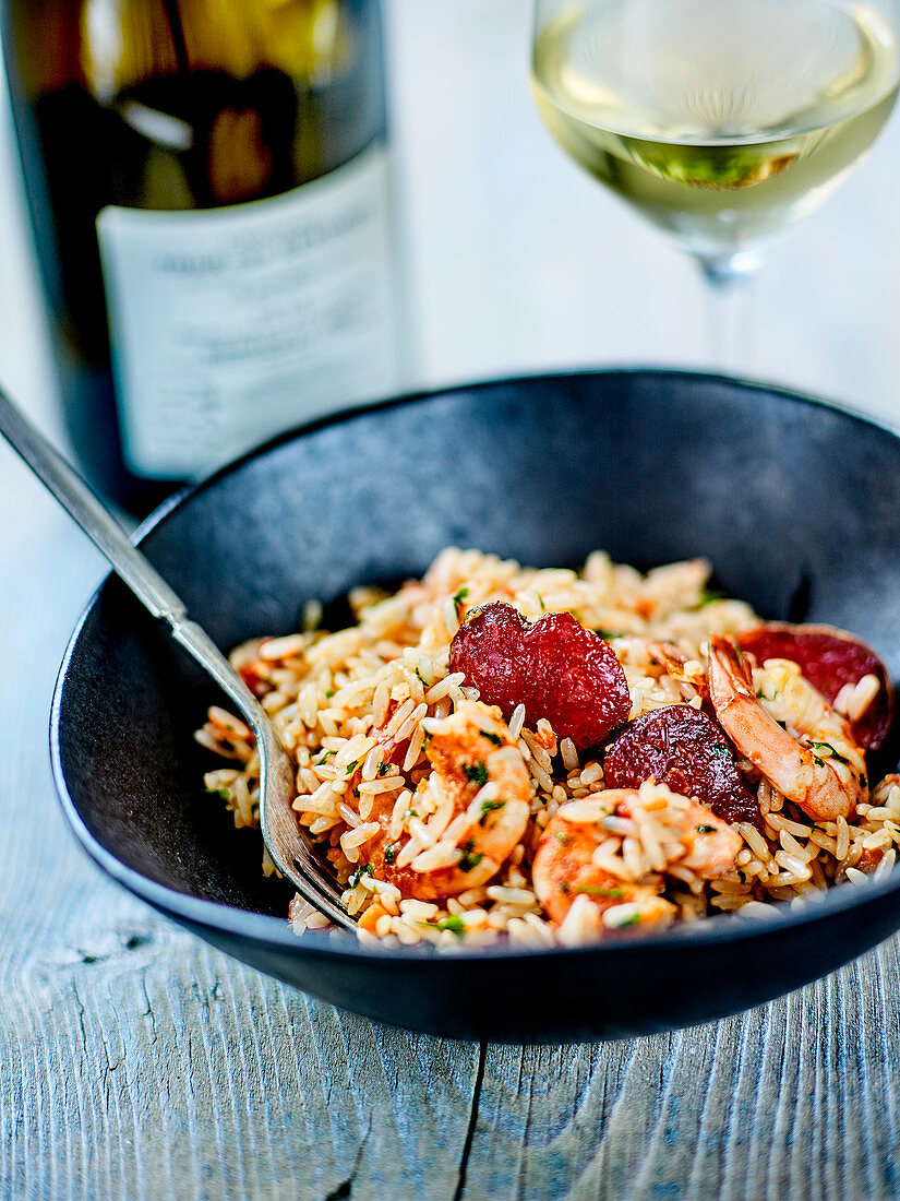 Creole Rice With Shrimps Sauté,Chorizo And Spring Garlic