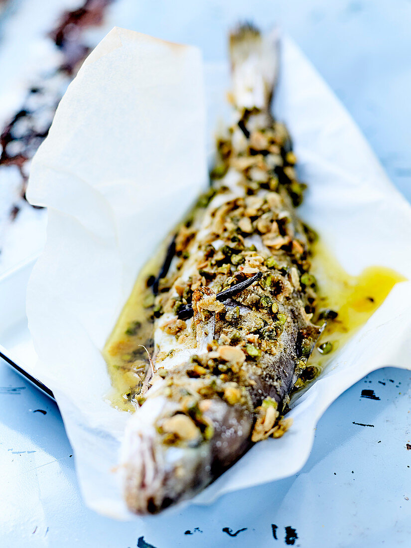 Roasted Whiting With Pistachios,Thinly Sliced Almonds And Vanilla