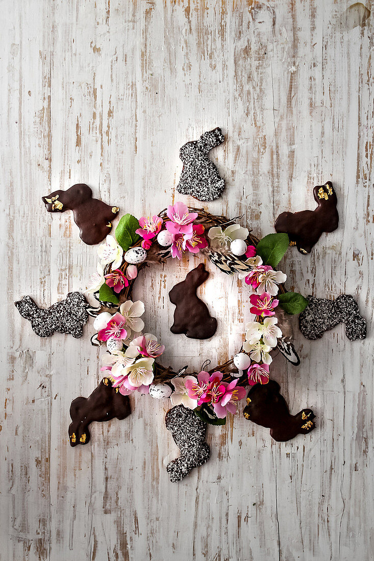 Crown Of Flowers And Chocolate Easter Rabbits