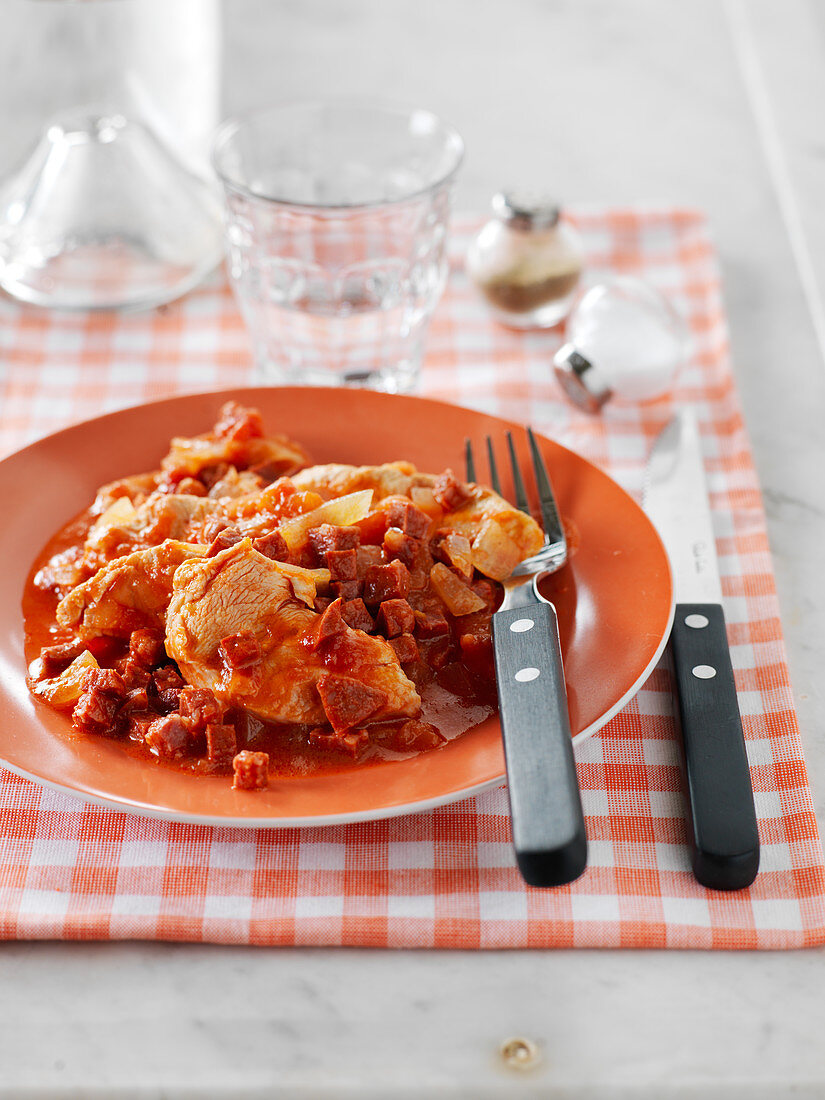 Langsam geschmortes Putenfleisch mit Chorizo