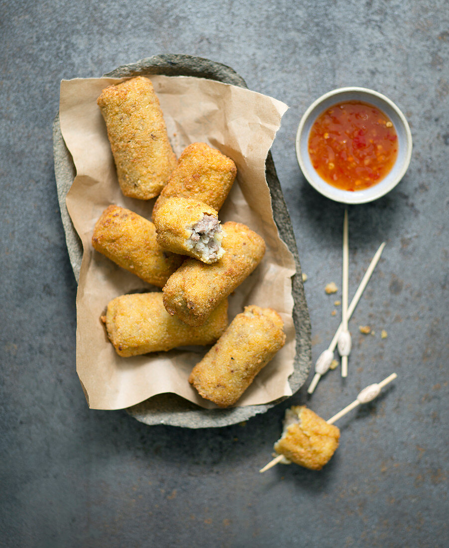 Ground beef croquettes, chili pepper sauce
