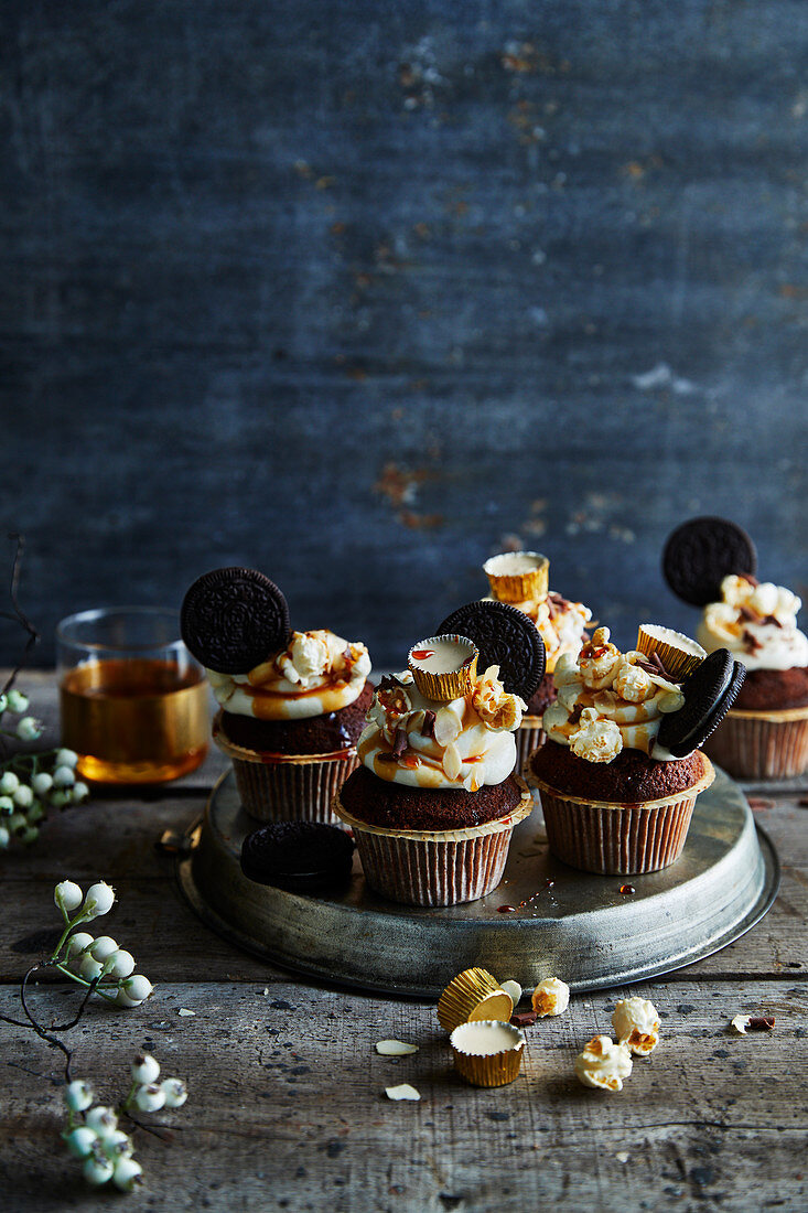 Dark Chocolate Freak Cupcakes with Oreo Cookies and Popcorn
