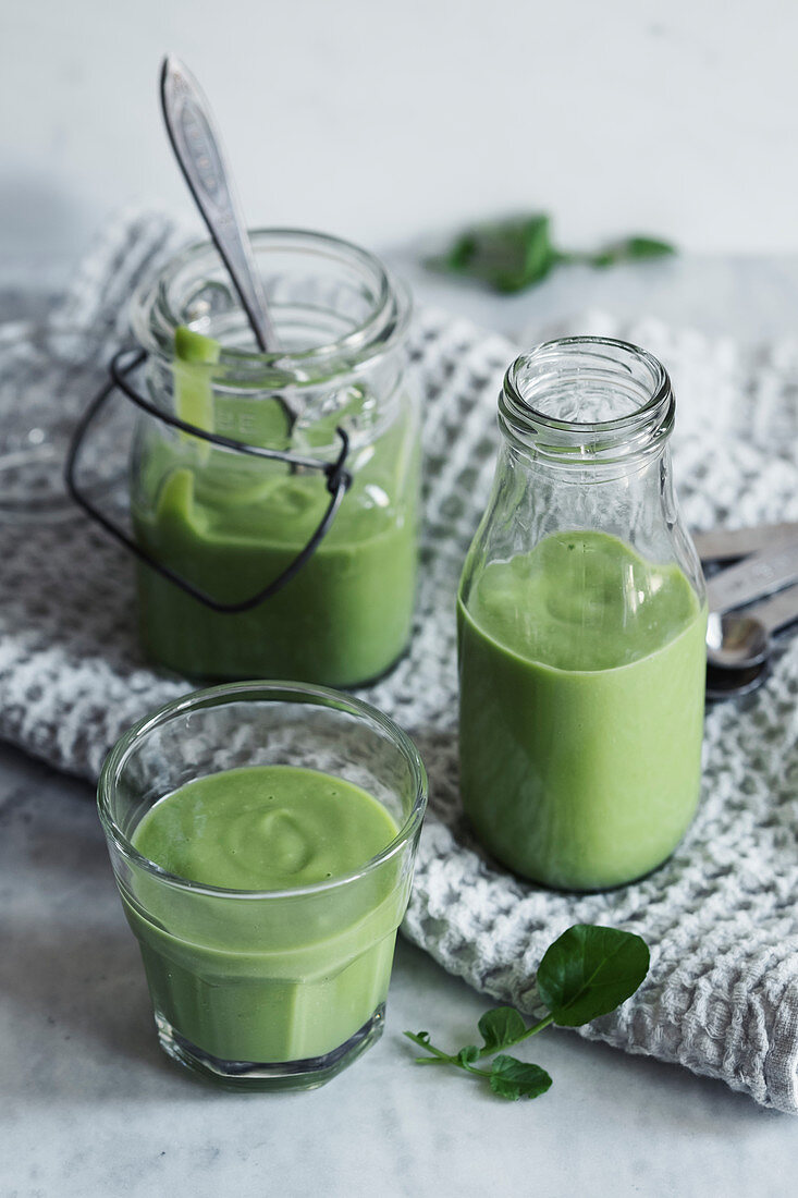 Green smoothie with watercress and avocado