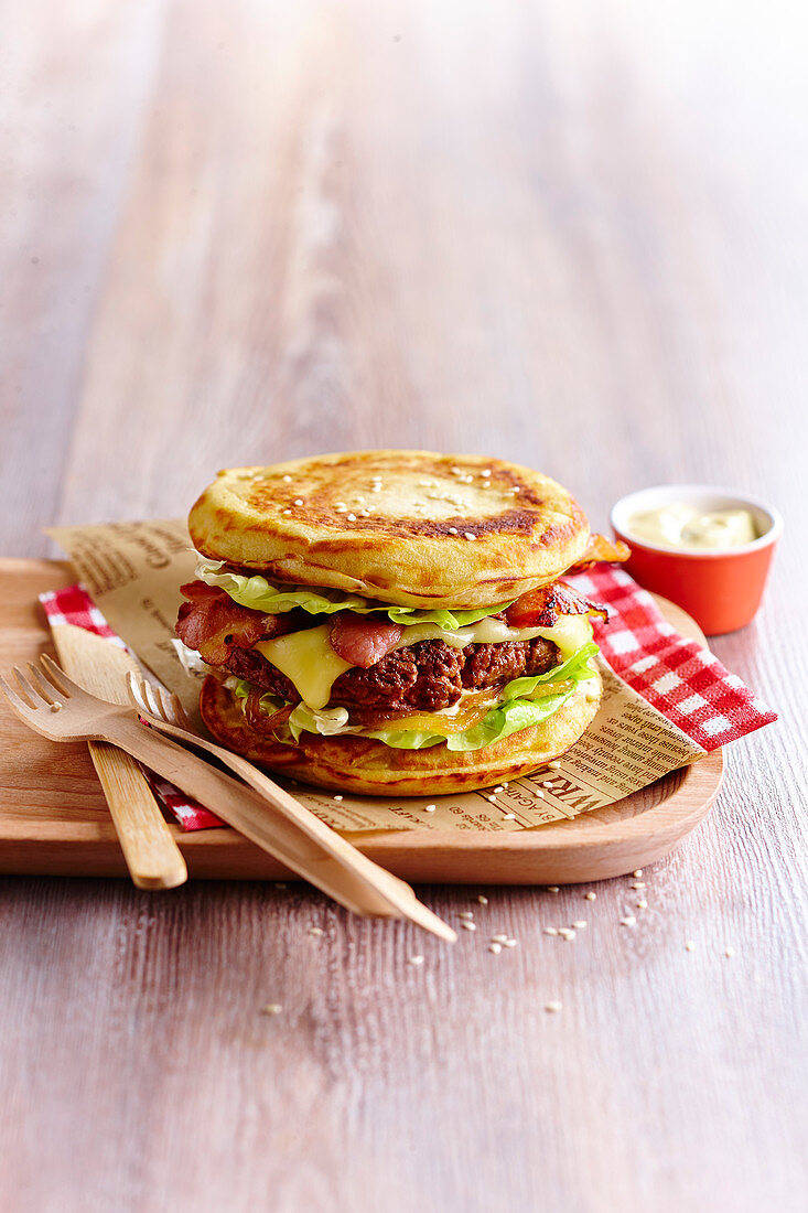 Beef and Munster cheese pancake burgers