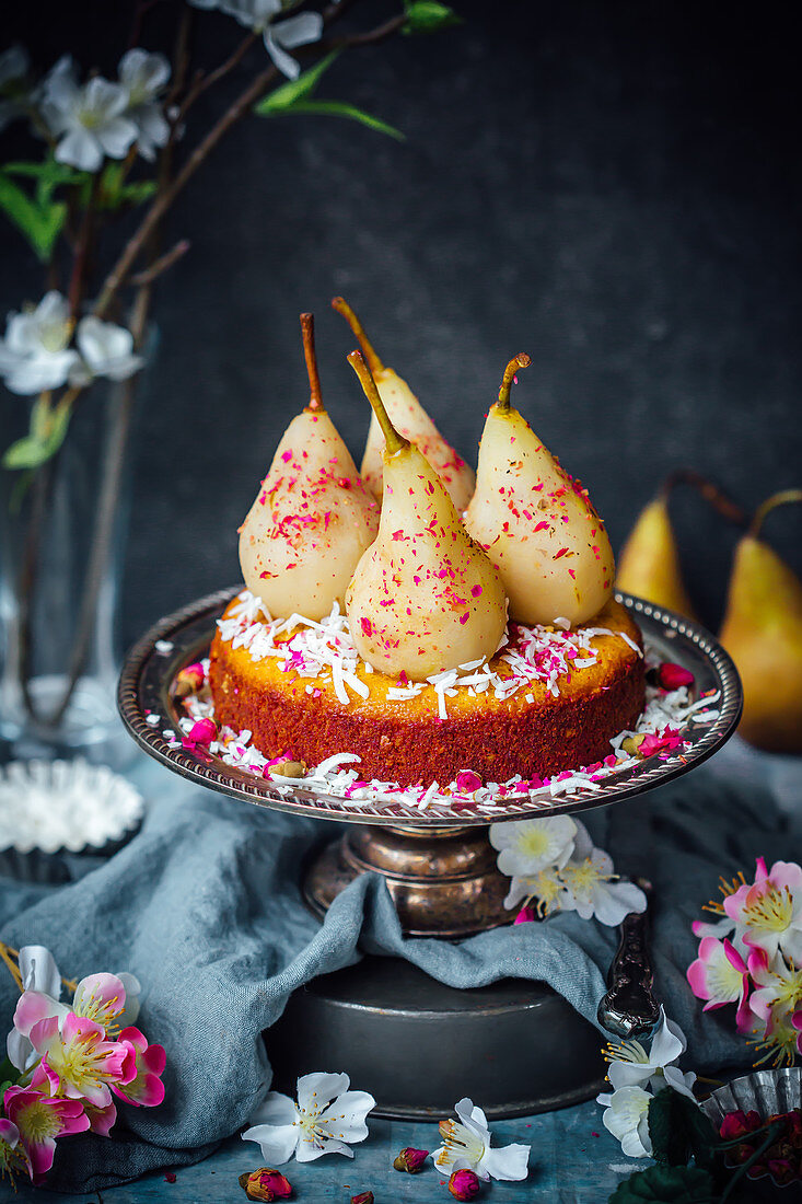 Rosewater Poached Pears with Cardamom, Coconut Cake