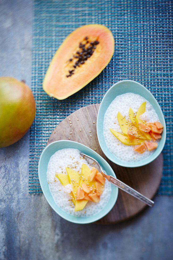 Coconut milk tapioca pudding with fresh mango and passionfruit