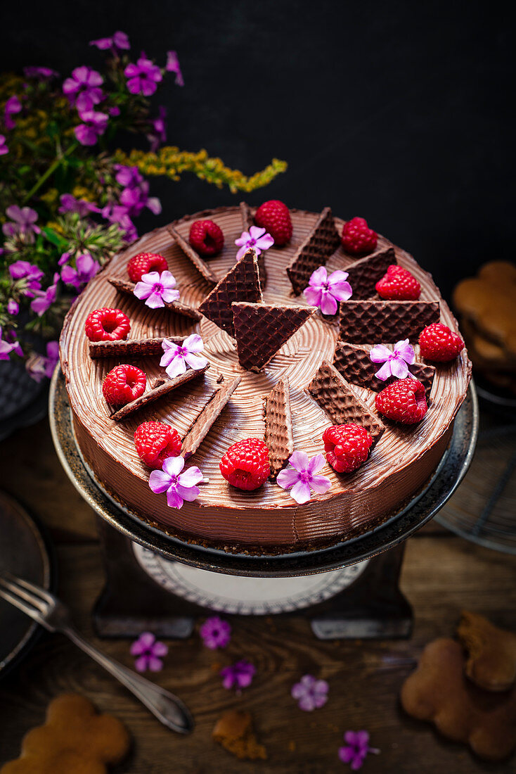 Chocolate truffle cake with ginger cookie crust and raspberries
