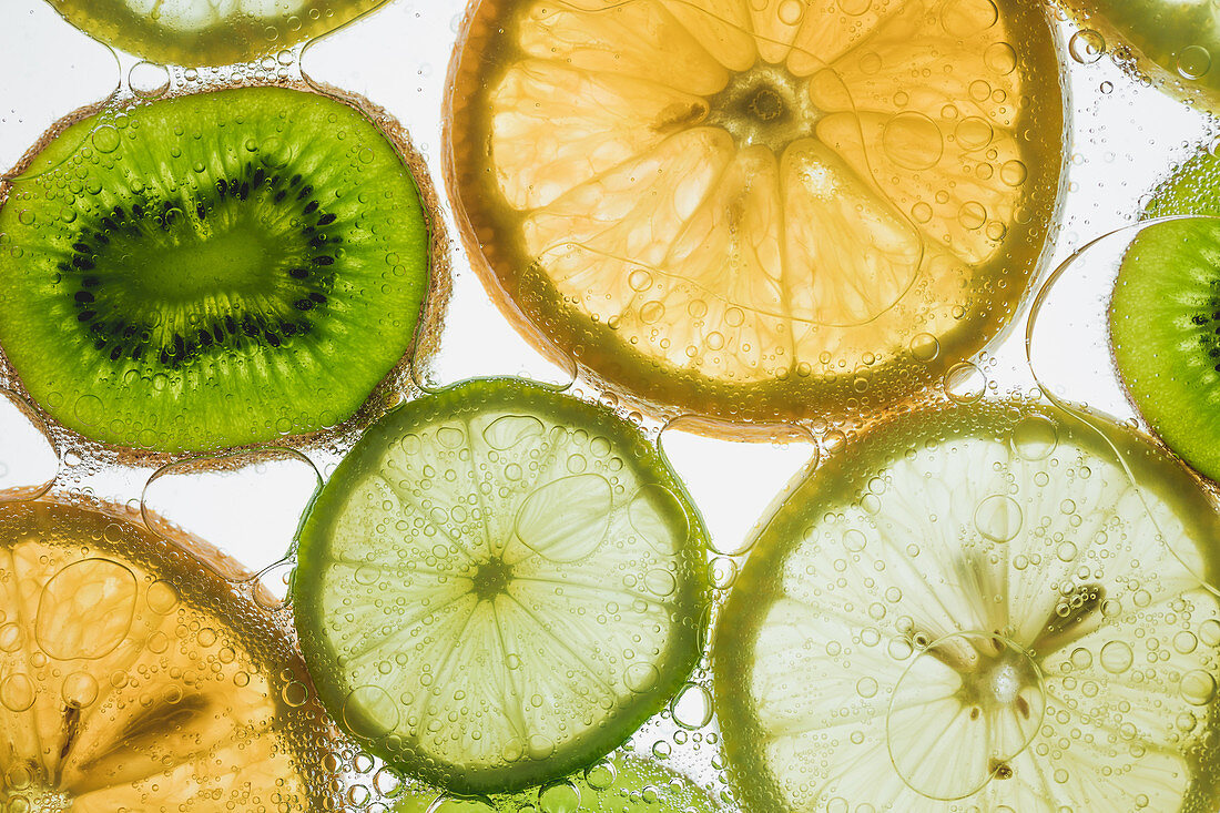 Citrus slices floating in water