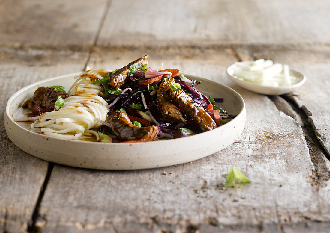 Sautéed Beef with Pepper and Rice Tagliatelle