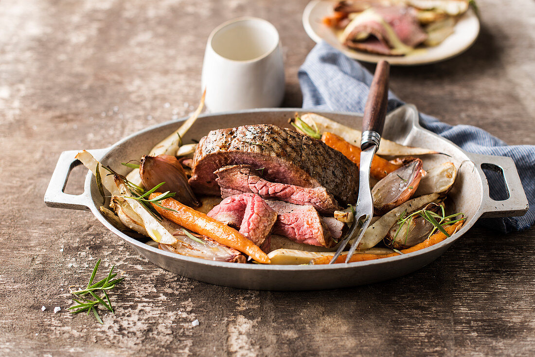 Roast beef with root vegetables