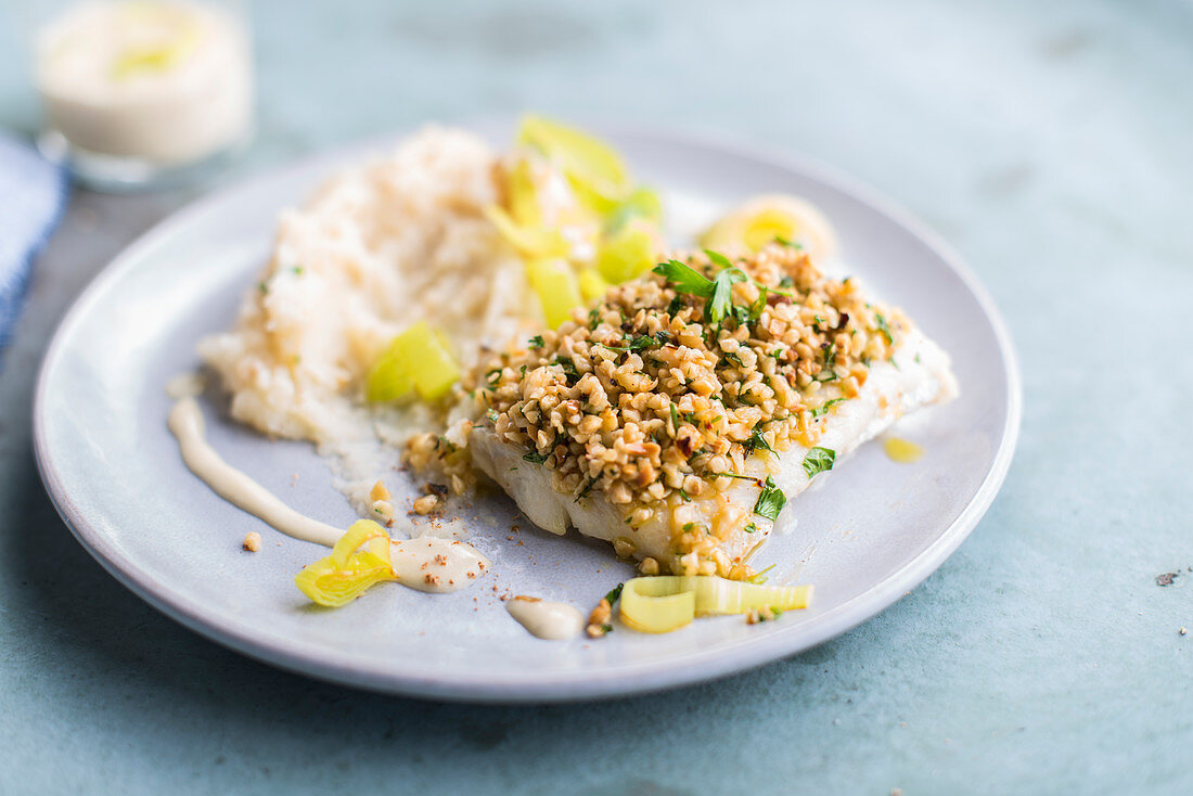 Hazelnut crusted pollock steak with leek purée