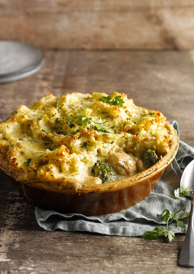 Parmentier with chicken and broccoli (casserole, France)