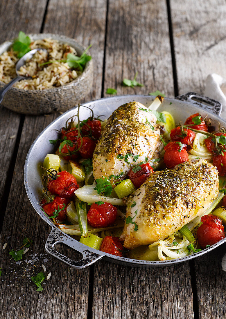 Chicken breast with fennel, leek and cherry tomatoes