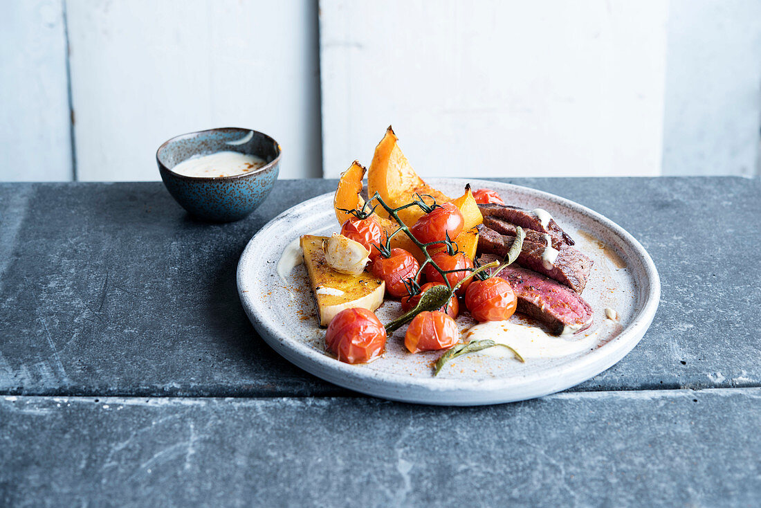 Rump steak with roasted cherry tomatoes and butternut squash