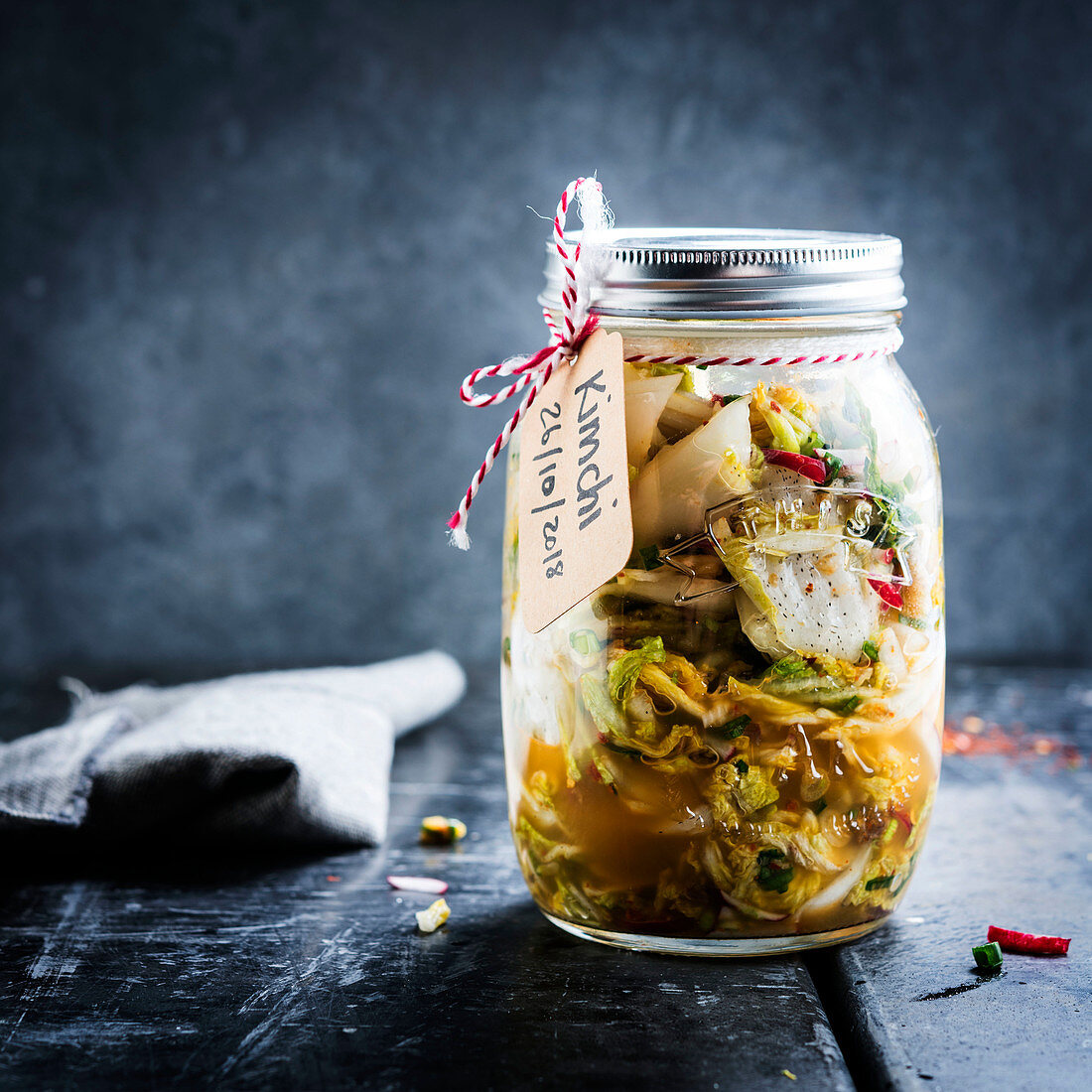 Homemade kimchi in a preserving jar