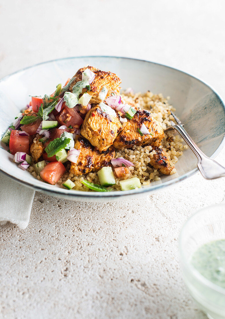 Bulgur wheat with chicken and tomato-cucumber salsa