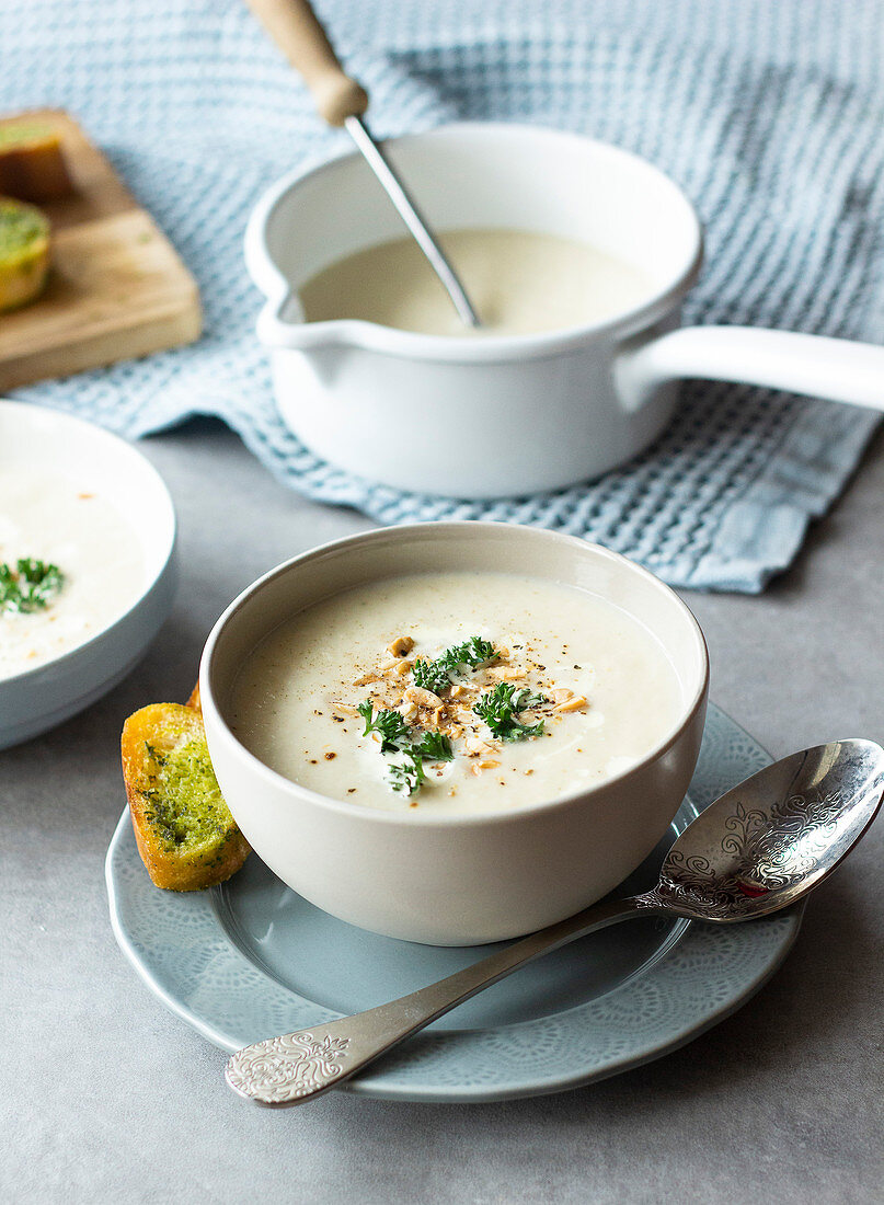 Cauliflower, Pear and Blueberry Soup with Garlic Butter and Herbs