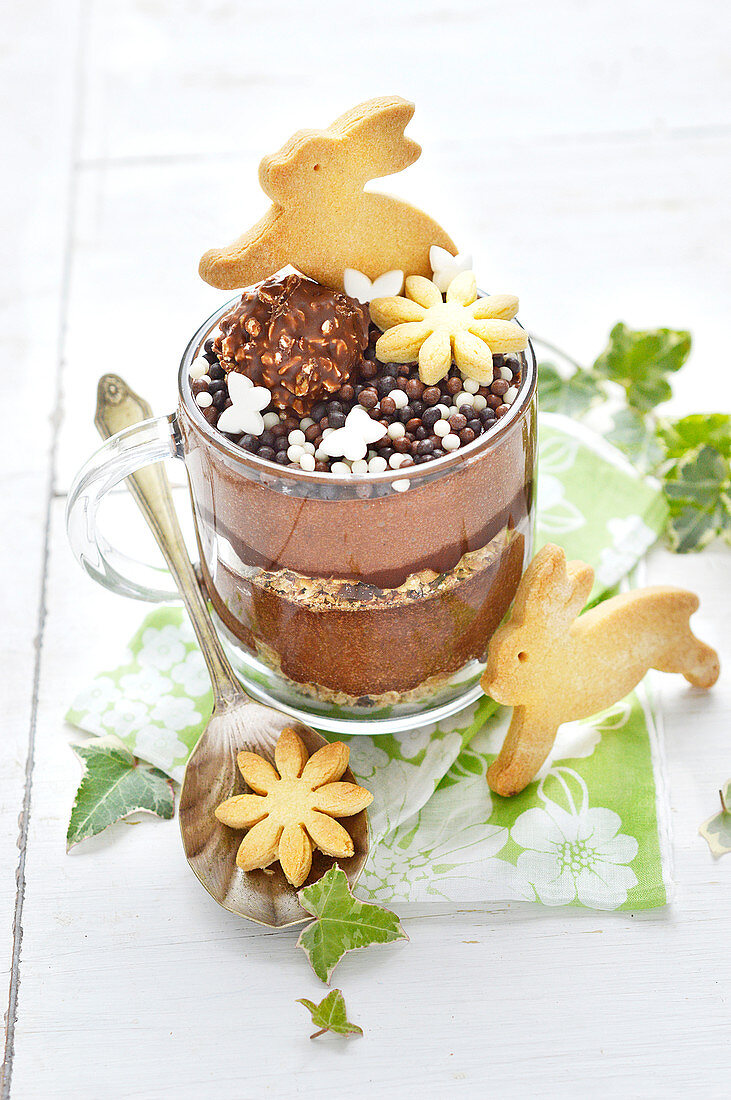 Easter Chocolate Mousse With Rabbit Shortbreads And Flowers