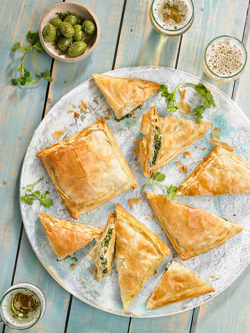 Spanakopita, small spinach flaky pastry pies