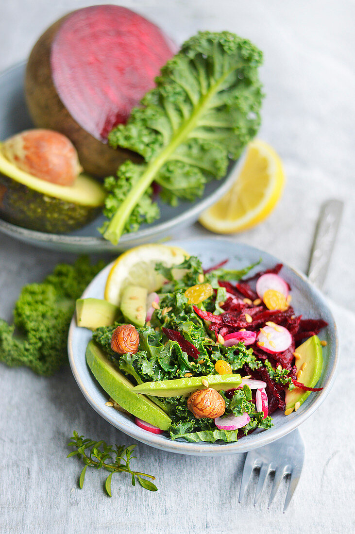 Kale salad with avocado, radish, beetroot and hazelnut