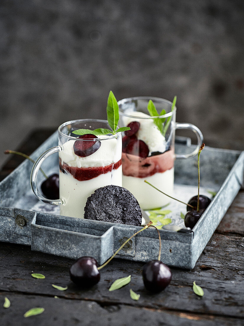 Vanilla mousse trifle with cherry and cocoa tuile