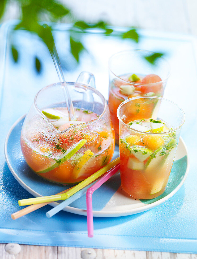 Ice-cold sangria with summer fruits