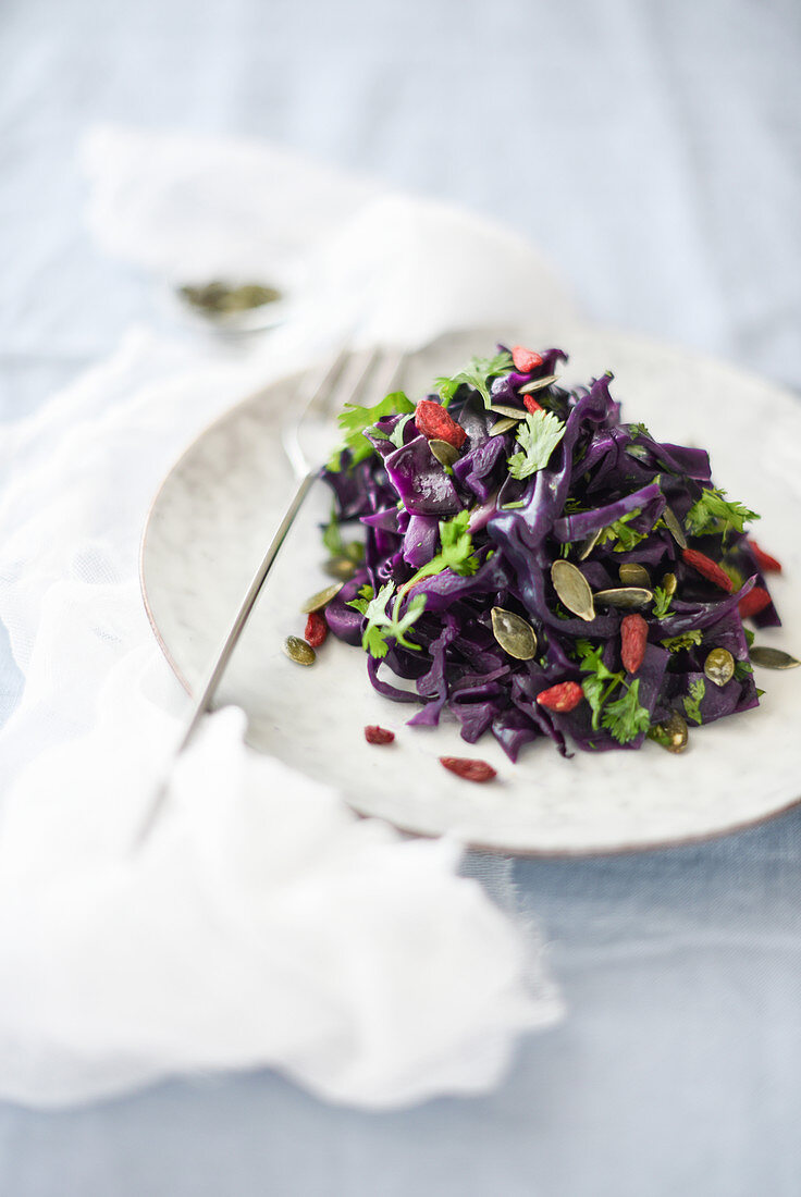 Red cabbage salad with goji berries and pumpkin seeds