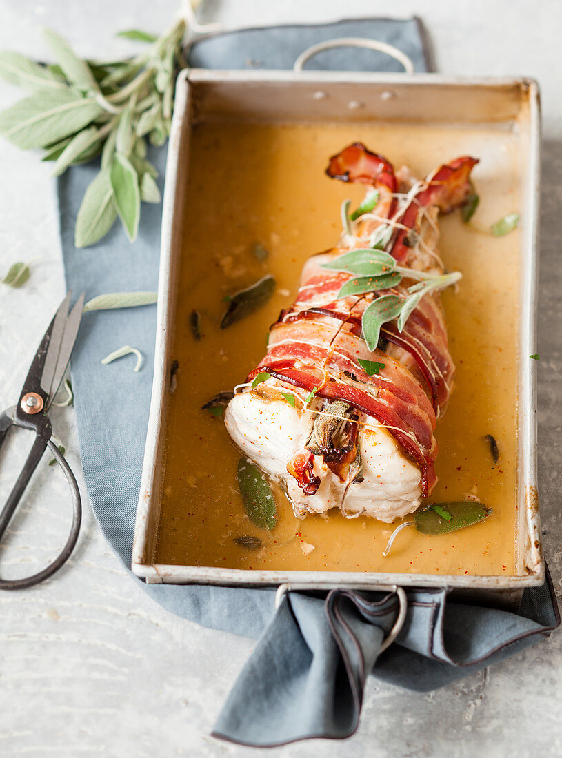 Roasted monkfish with bacon and beer sauce
