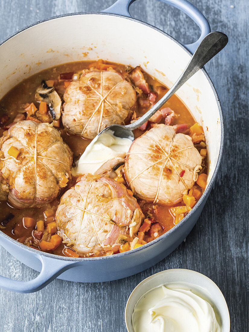 Paupiettes de veau with cider from Perche (veal roulades, France)