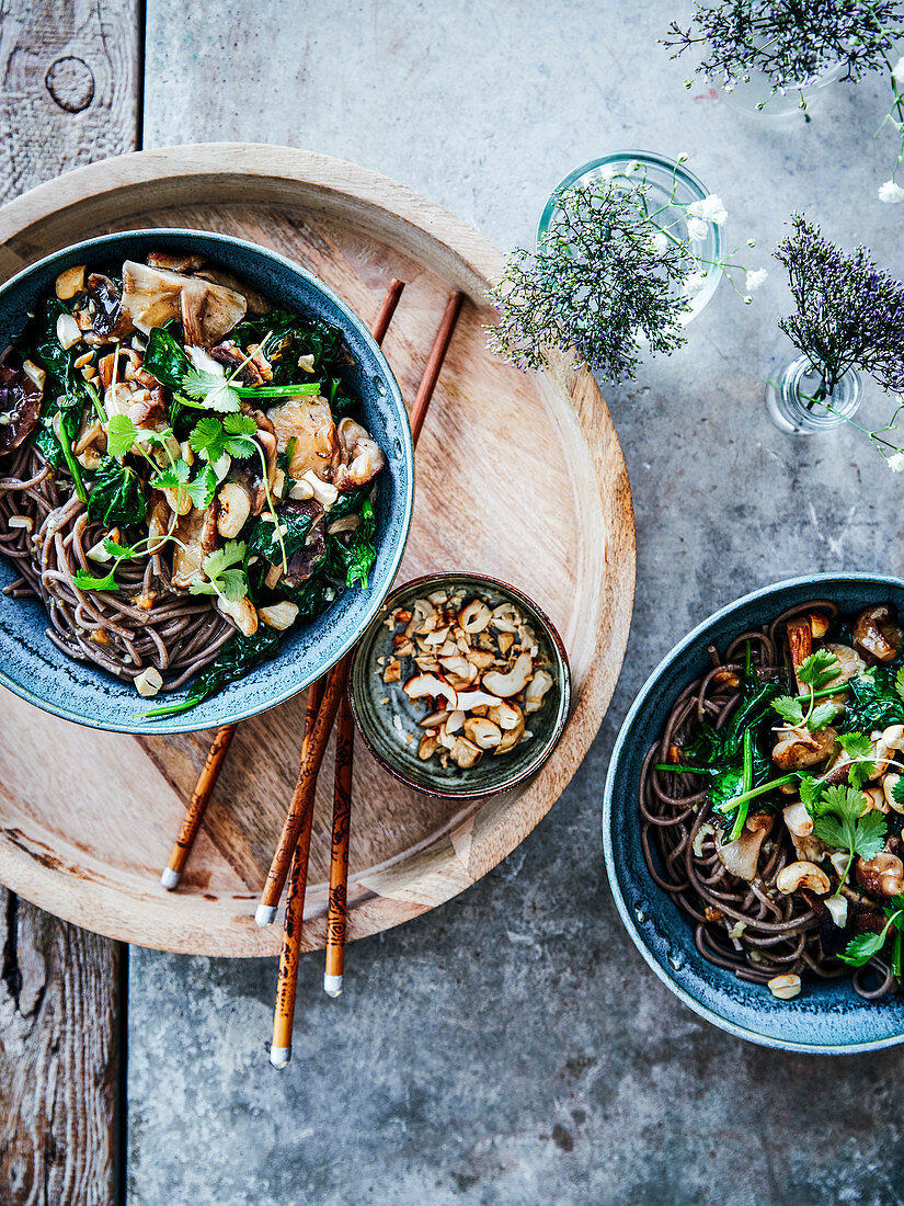 Fried soba noodles with spinach, mushrooms and dried fruits