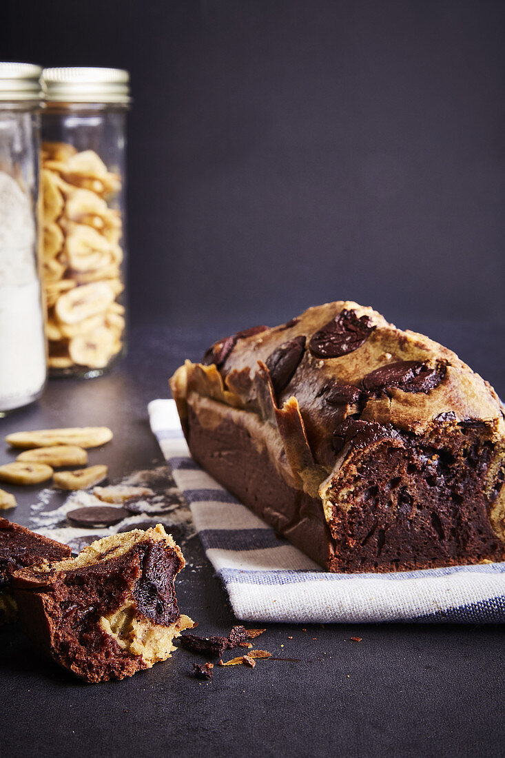 Chocolate loaf cake, cut