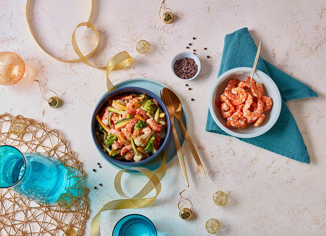 Sautierte Shrimps mit Gemüse (weihnachtlich)