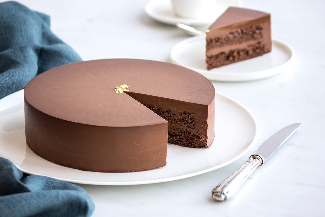 Chocolate cake, cut