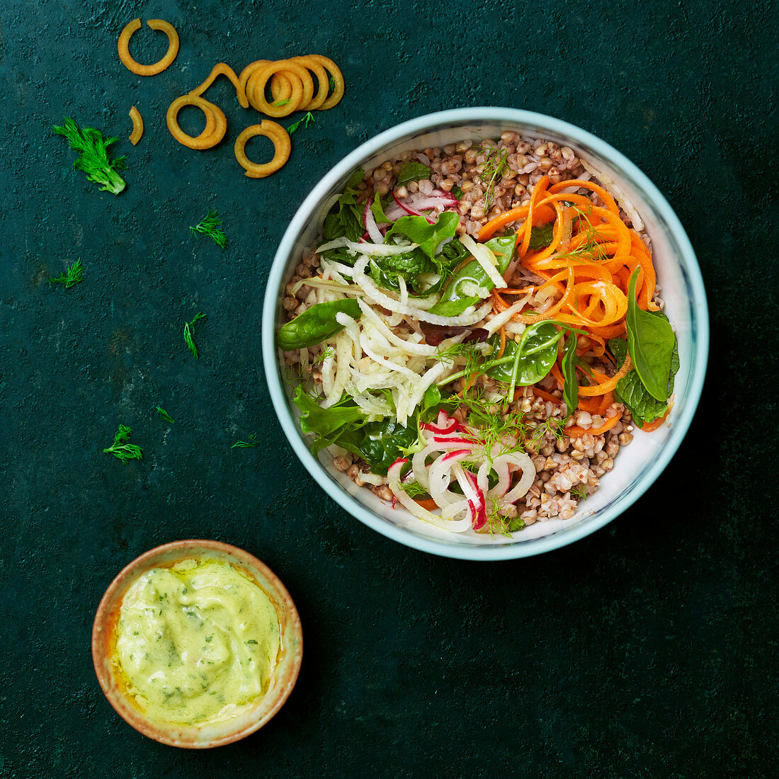 Buckwheat salad with fennel, carrot, spinach, radish and herb mayonnaise