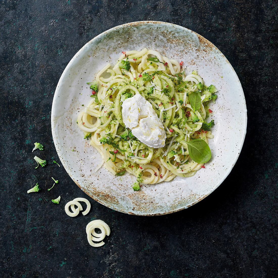 Vegetable linguini with broccoli breadcrumbs and cream cheese