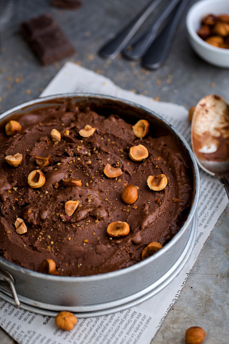 Homemade chocolate ice cream with hazelnuts