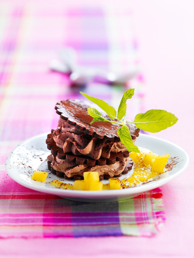 Mille-feuille with chocolate mousse and pineapple sauce