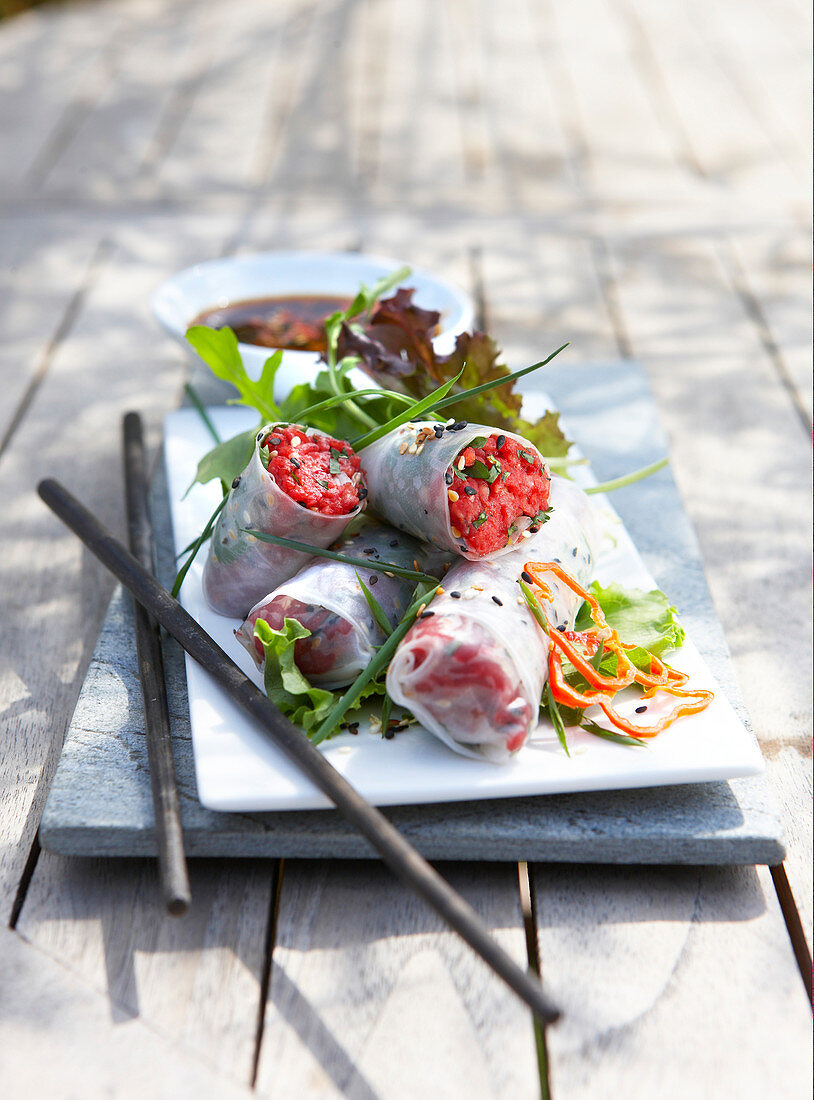 Vietnamese summer rolls with beef tartare