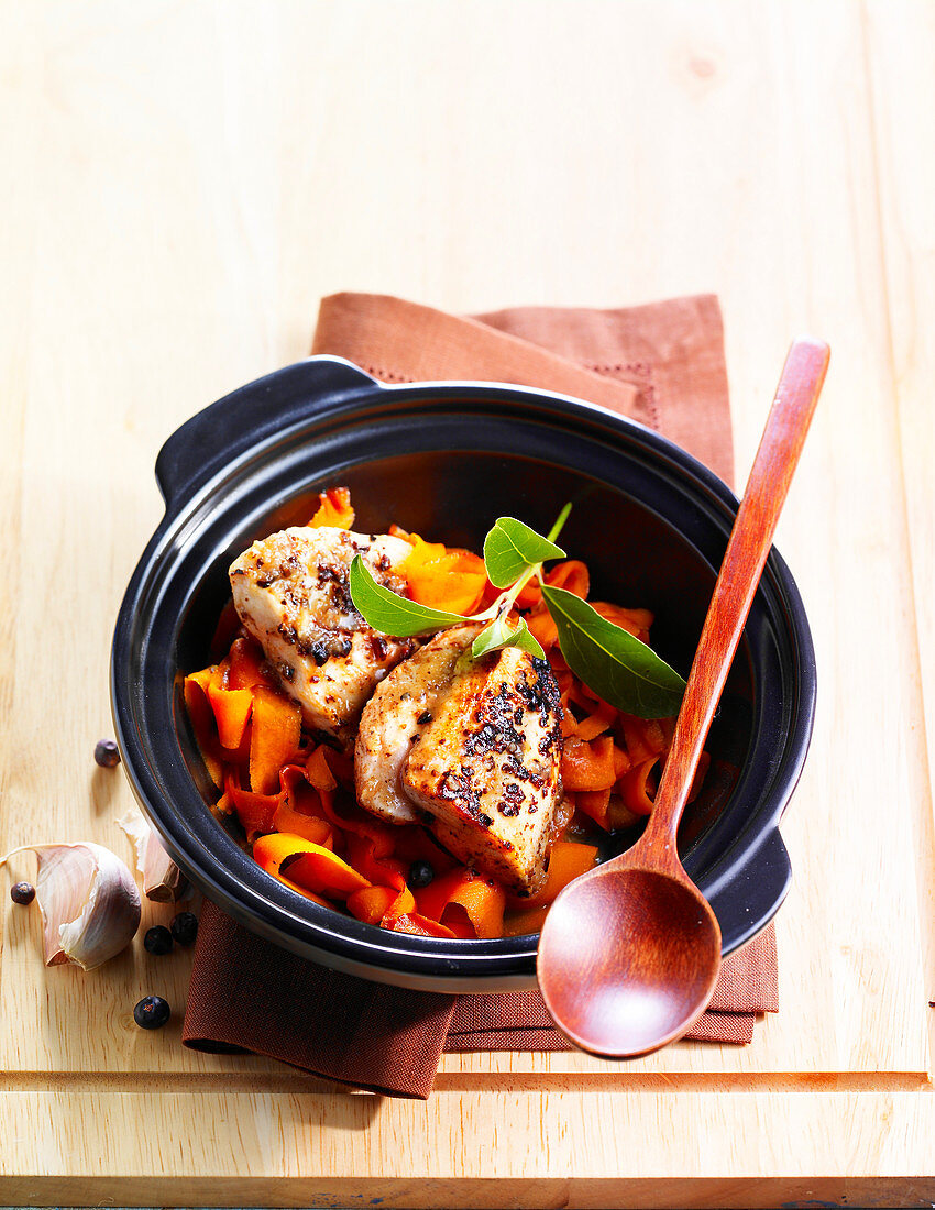 Grilled chicken breast with carrot tagliatelle