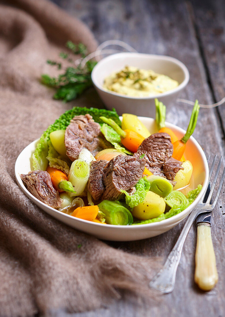Pot-au-feu with beef and vegetables (France)