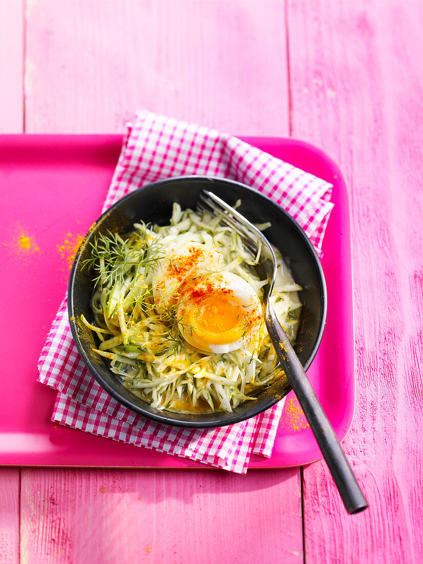 Cabbage salad with a soft-boied egg