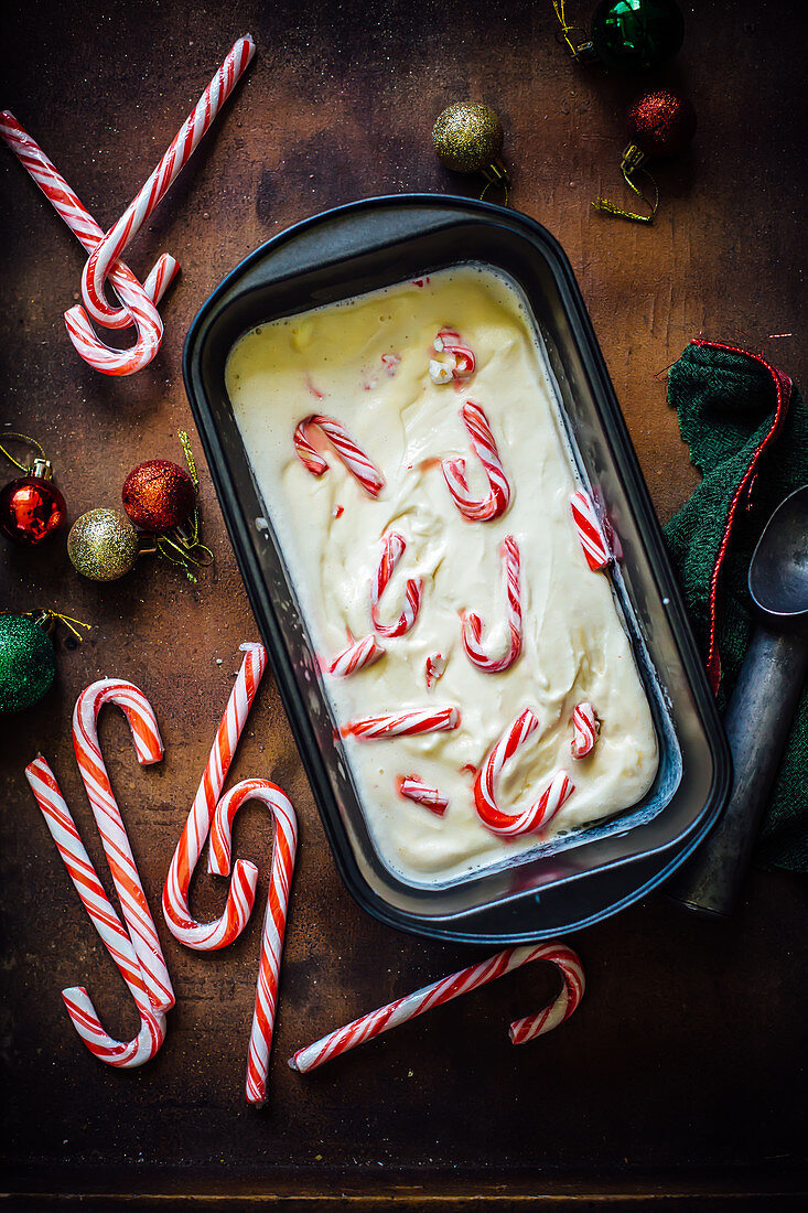 Homemade ice cream with candy canes
